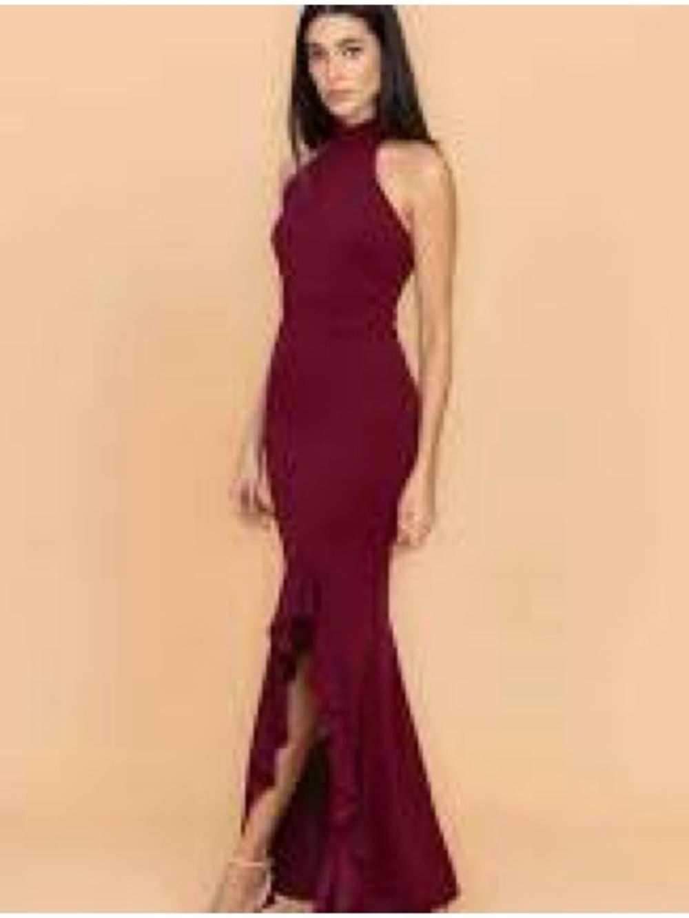 High-Neck Burgundy High-Low Evening Dress
